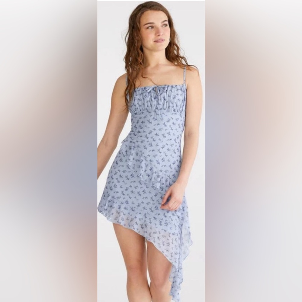 NWT Aeropostale Blue Floral Butterfly Tie Neck Asymmetrical Bodycon Dress